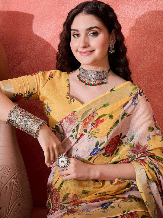 Sangria Floral Printed Banarasi Saree With Blouse Piece