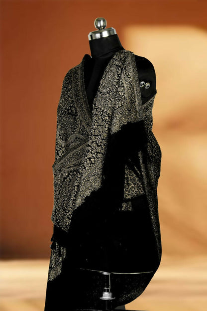 Weaving Mystery Handloom Pashmina Shawl-Kaani Zari - Black