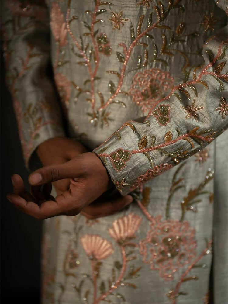 Pastel Green Hand Embroidered Indowestern Sherwani by Hilo Design