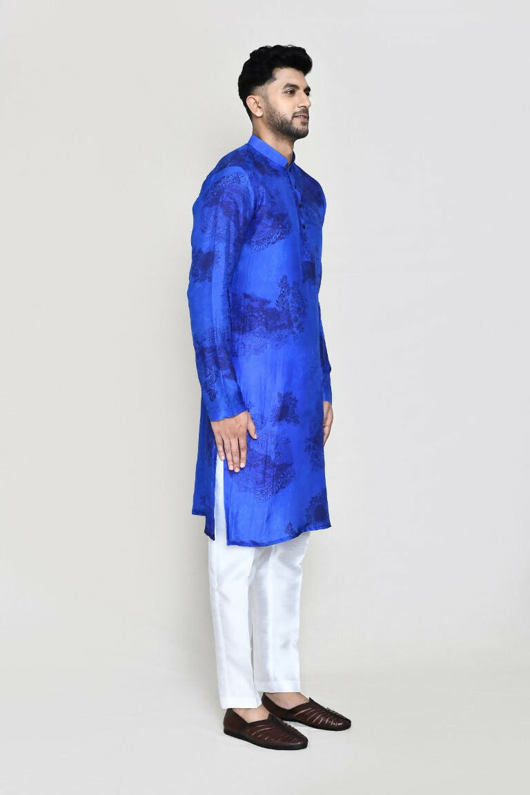 Joban Fashion Royal Blue Colored Cotton Silk Fabric Kurta With Straight Fit Pant