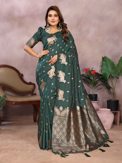 Anaita Dark Green Premium Banarasi Tissue Silk Saree With Gala Weaving Work