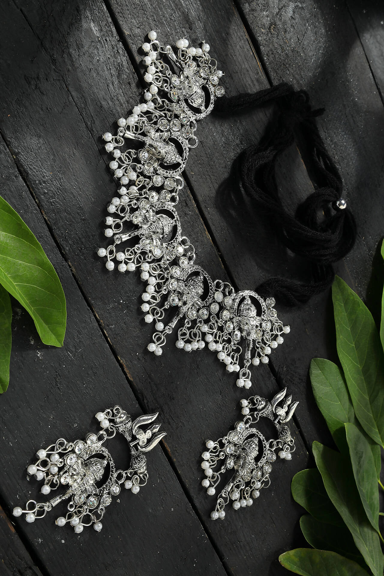 Mominos Fashion Johar Kamal Oxidised Silver-Plated Ganesha Design Necklace Choker Set