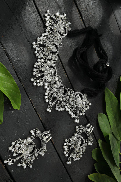 Mominos Fashion Johar Kamal Oxidised Silver-Plated Ganesha Design Necklace Choker Set