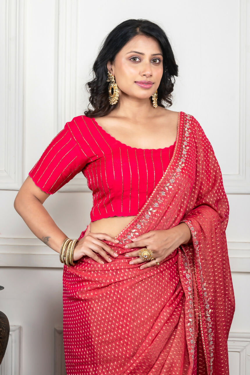 Morchari Pink Pure Chiffon Hand Embroidery Saree And Stitched Blouse