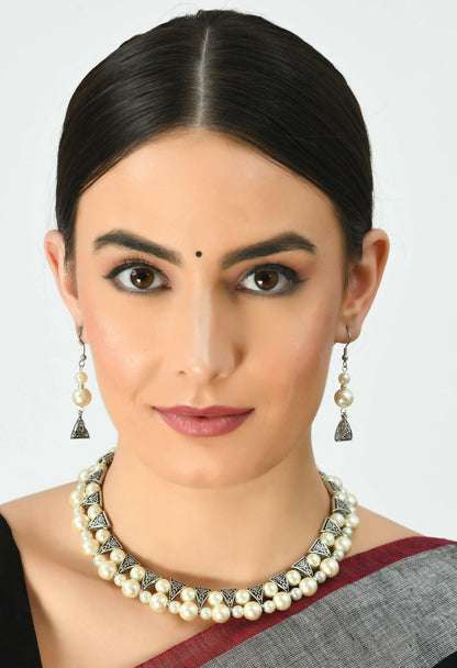 Mominos Fashion Johar Kamal Silver-Plated Brass Finish Pearls Work Choker For Women (White)