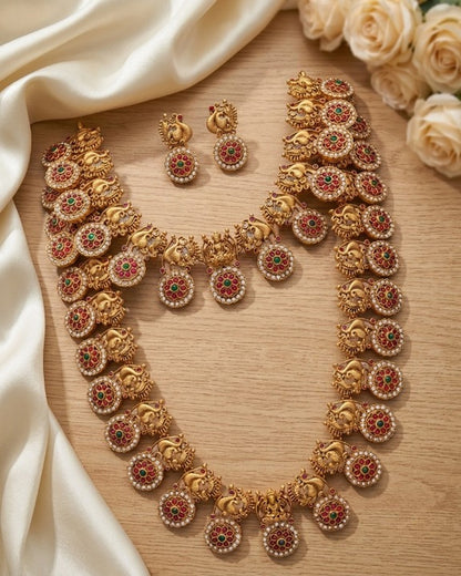 Jewel City Gold Plated South Indian Temple Jewelry Set - Matte Finish Long Haram