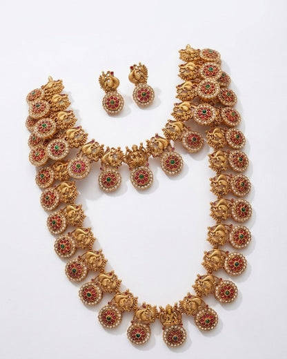 Jewel City Gold Plated South Indian Temple Jewelry Set - Matte Finish Long Haram