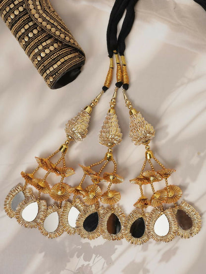 Ruby Raang Gold Gota Pati Work And Black Thread And Mirrors With Gold Stones