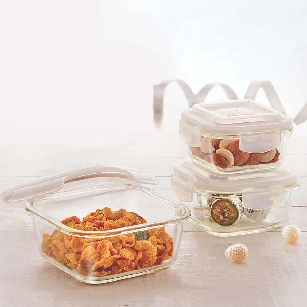Borosil Klip N Store Round Glass Container Set of 3 (320ml+520ml+800ml)