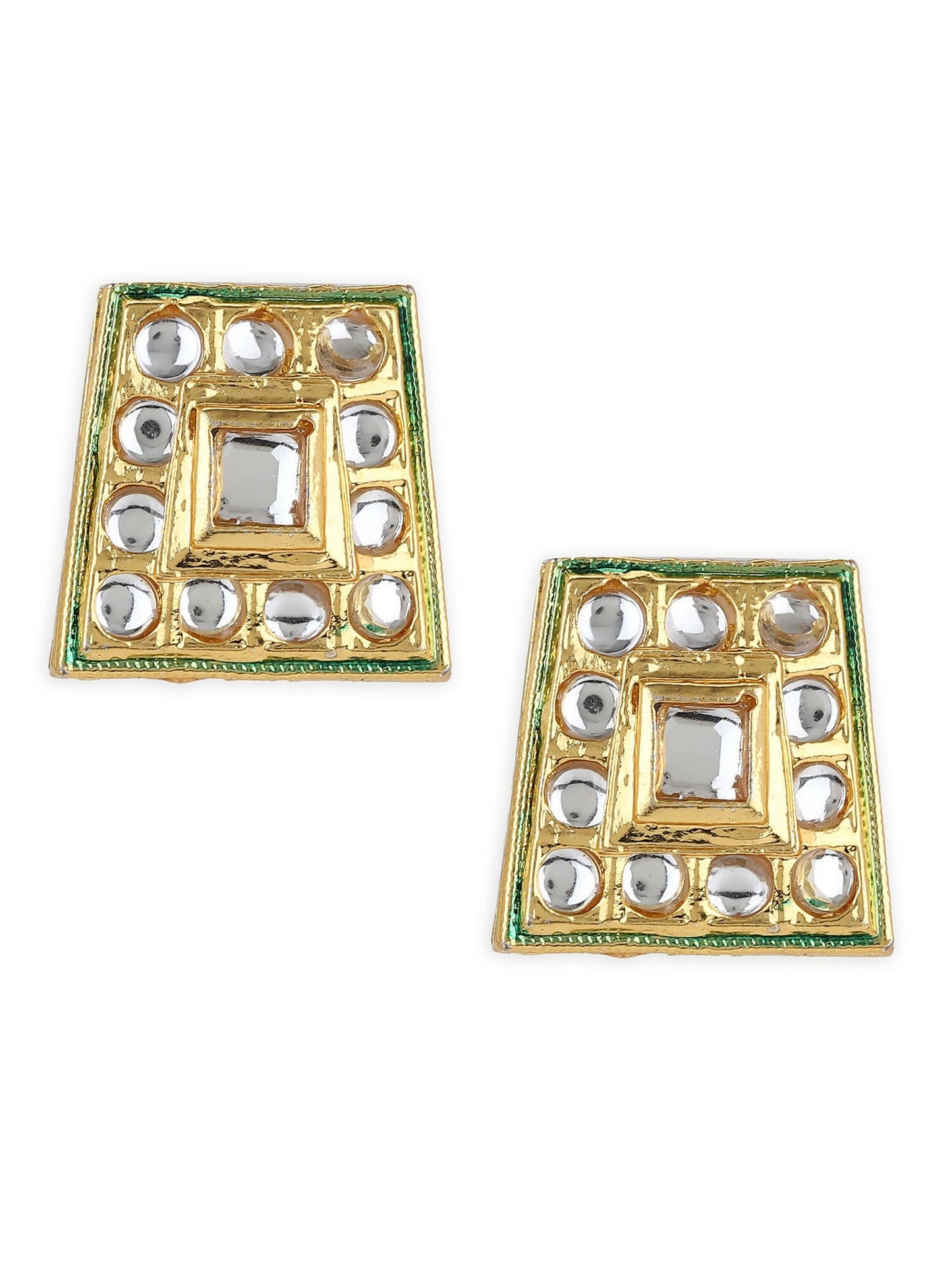 Gold-Toned White Kundan Square Shaped Gold-Polished Studs Earrings - Ruby Raang