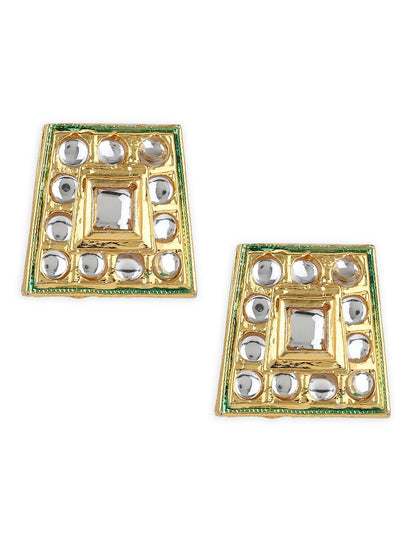 Gold-Toned White Kundan Square Shaped Gold-Polished Studs Earrings - Ruby Raang