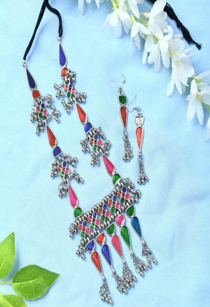 Mominos Fashion Johar Kamal Oxidised Silver-Plated Meenakari Multi Long Necklace Set For Women