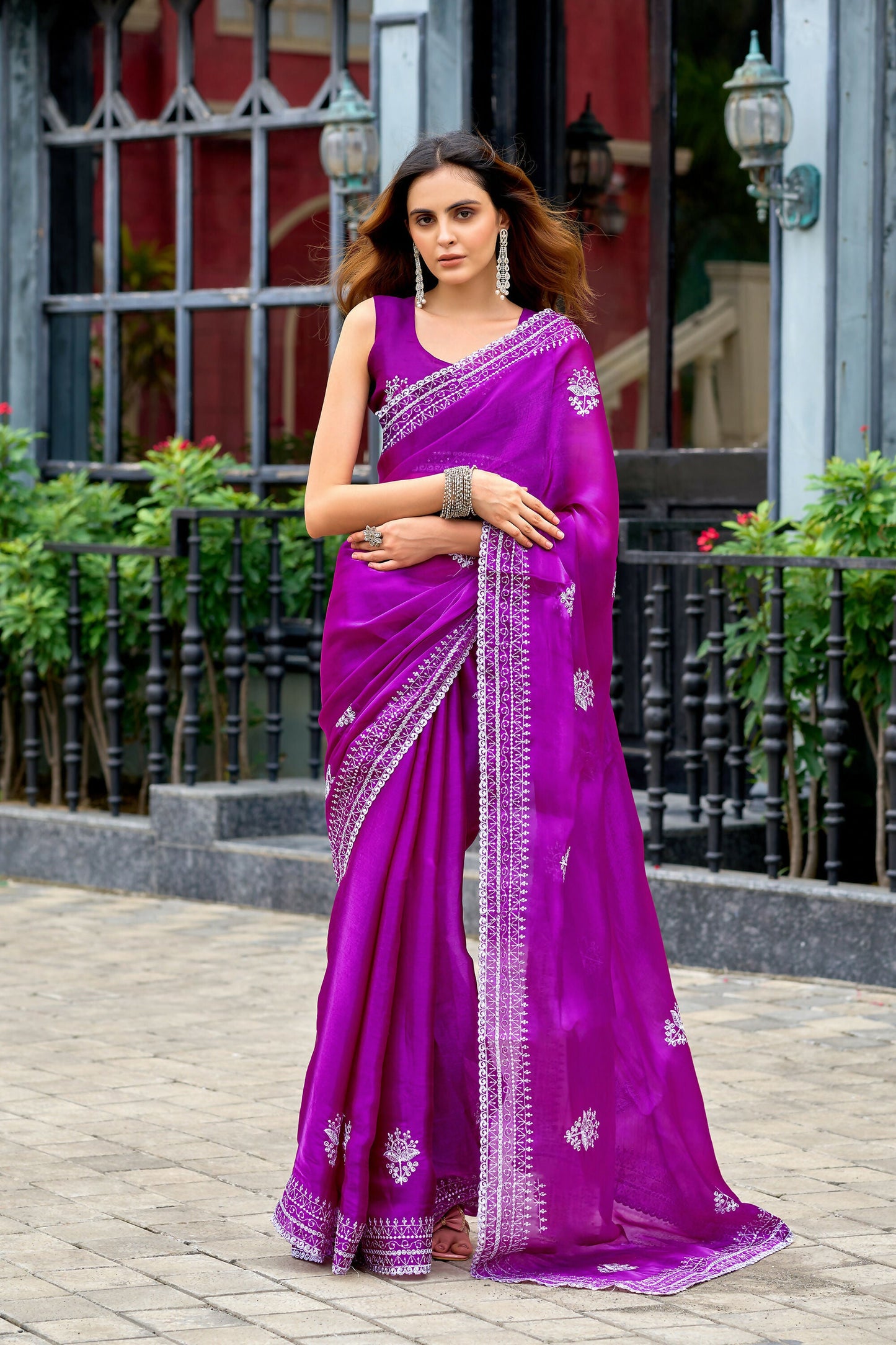 Vastranavya Purple Embroidery Work Shimmer Chiffon Saree with Unstitched Blouse