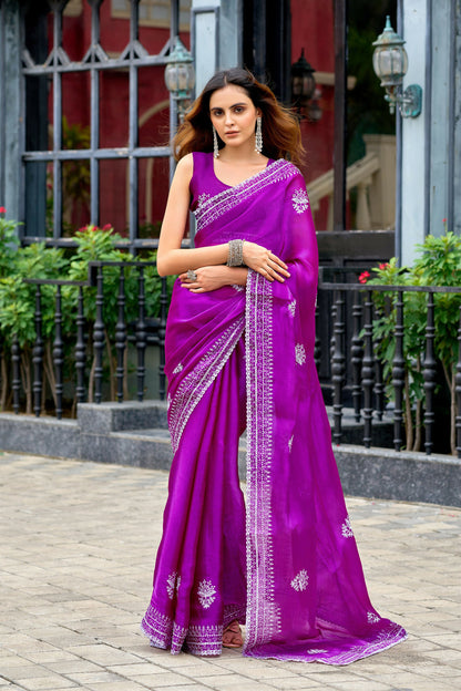 Vastranavya Purple Embroidery Work Shimmer Chiffon Saree with Unstitched Blouse