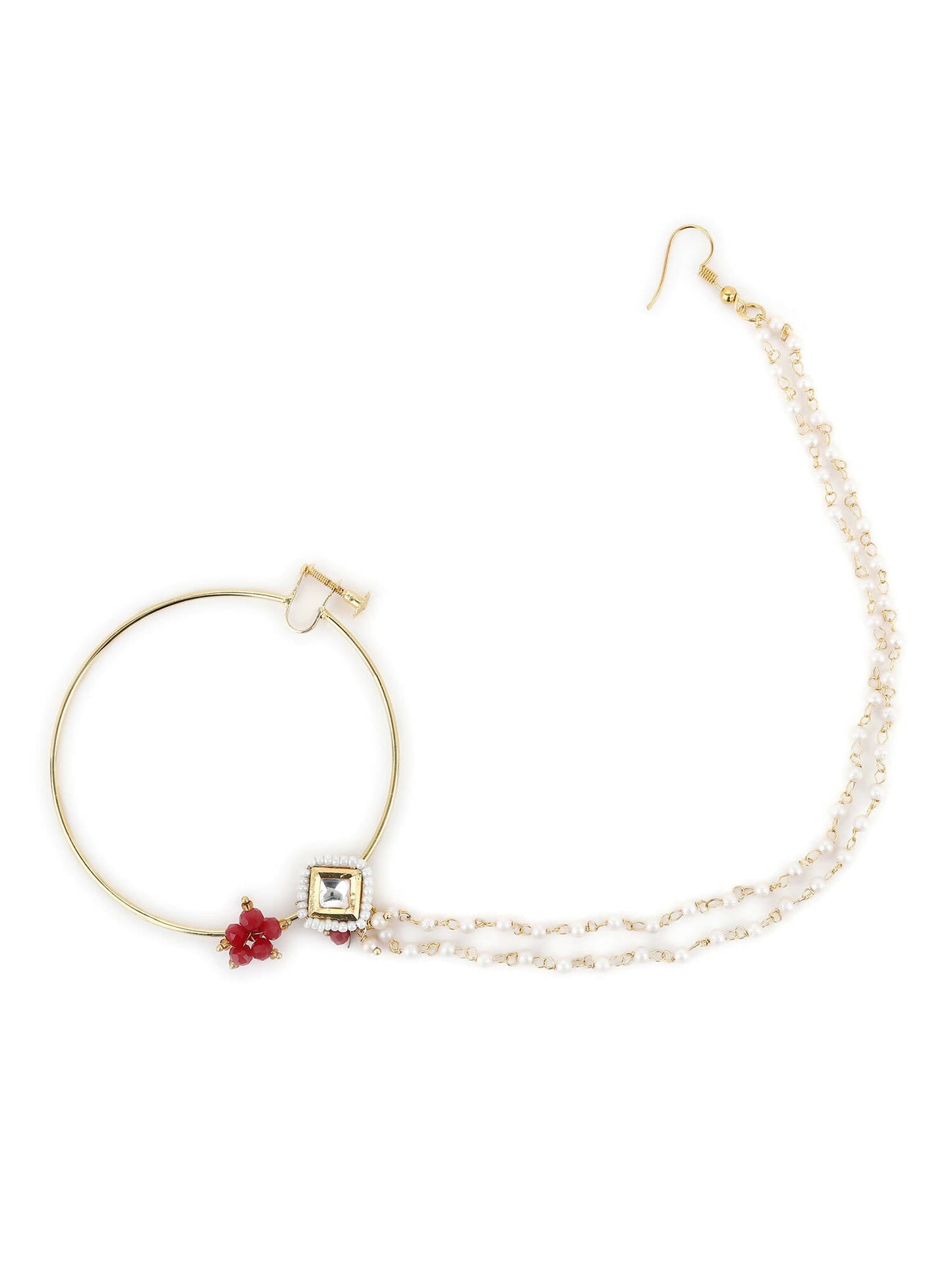 Gold-Polished White Red Kundan-Studded Pearl Beaded Nosepin - Ruby Raang