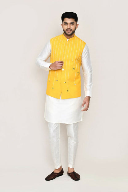 Joban Fashion White Colored Art Silk Fabric Kurta, Jacket With Straight Fit Pant