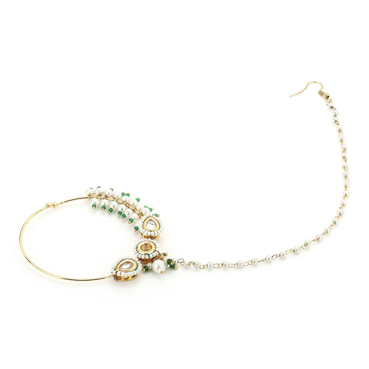 Gold-Polished White Kundan Studded Pearl Beaded Nose Pin - Ruby Raang