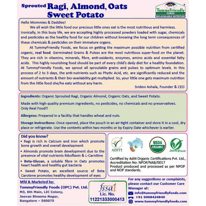 TummyFriendly Foods Certified Organic Sprouted Ragi, Almond, Oats, Sweet Potato Porridge Mix