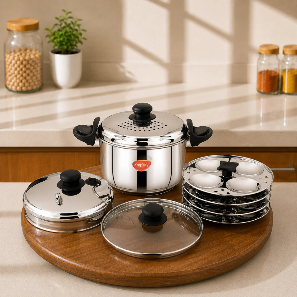 PrayLady Strainer Pro Max 4.2L 304 Grade SS Multi-Purpose Pot with Glass Lid Triply Bottom Idli Cooker 4 Plates Induction Gas
