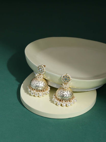 Gold-Toned White Pearl Beaded Contemporary Gold-Polished Jhumkas Earrings - Ruby Raang