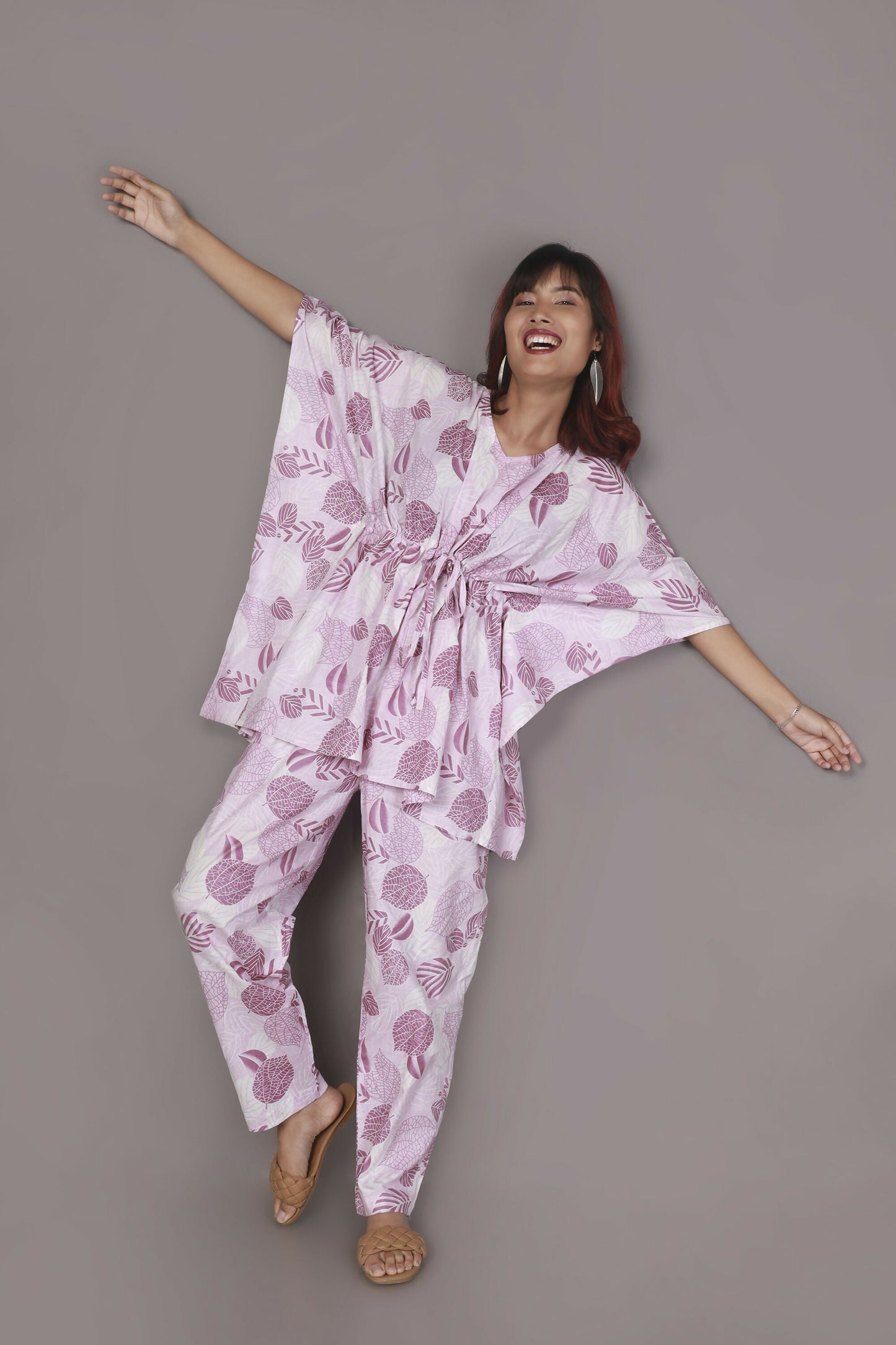 Breathables Women’S Loungewear Kaftan Cotton Pink Nature-Inspired Print Co-Ord Set