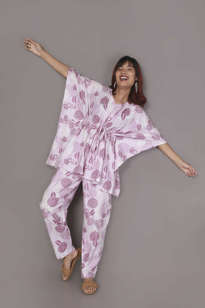 Breathables Women’S Loungewear Kaftan Cotton Pink Nature-Inspired Print Co-Ord Set