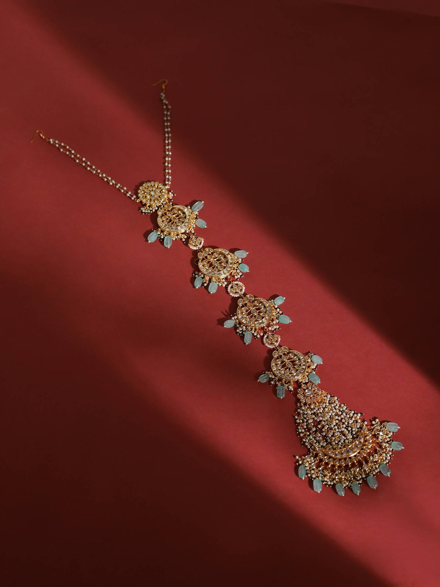 Gold-Polished White Blue Kundan-Studded Pearl Beaded Matha Patti - Ruby Raang