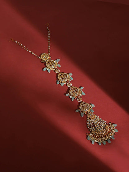 Gold-Polished White Blue Kundan-Studded Pearl Beaded Matha Patti - Ruby Raang