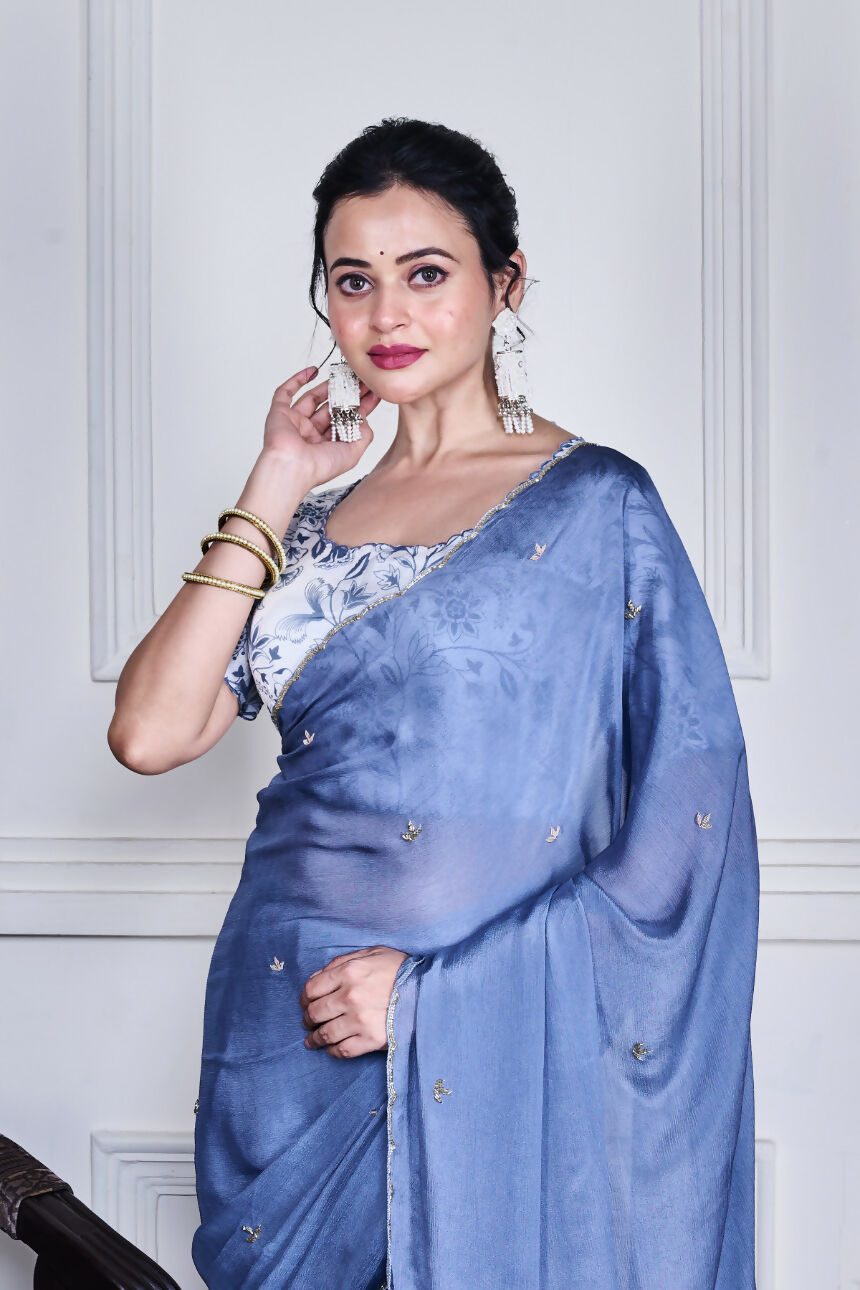 Morchari Grey Chiffon Hand Embroidery Saree And Stitched Blouse