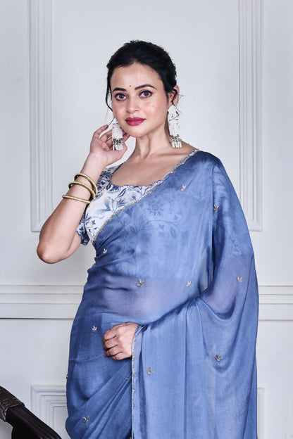 Morchari Grey Chiffon Hand Embroidery Saree And Stitched Blouse