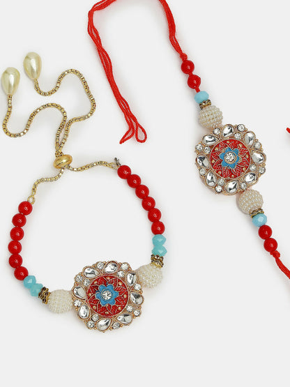 NVR Women & Men Set of 2 Red-colored Stone-Studded & Beaded Bhaiya Bhabhi Rakhi With Roli Chawal