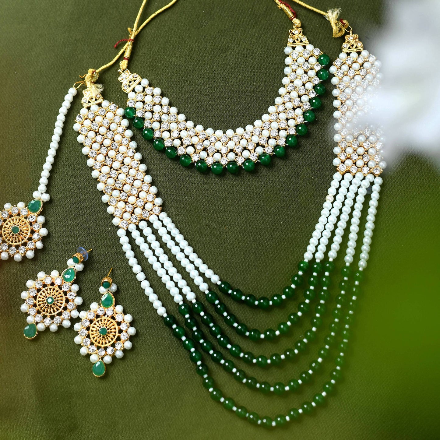 Mominos Fashion Johar Kamal Gold-Polished Rani Haar with Cream Green and Off white Pearls Jewellery Set