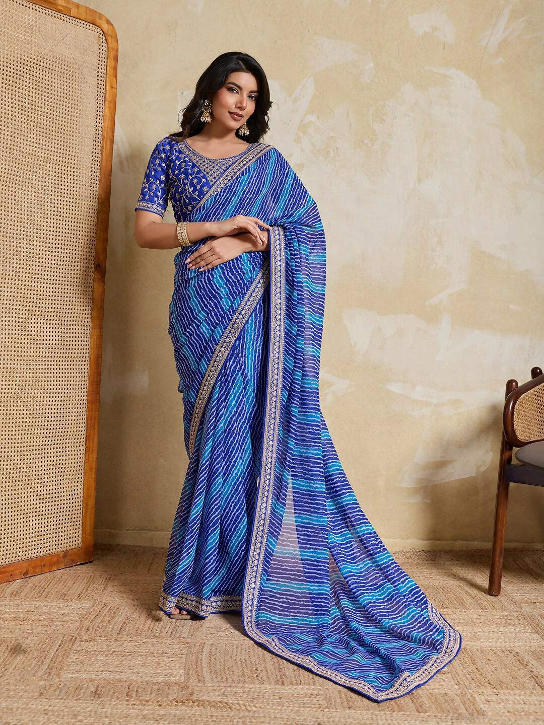 Teeya Creation New Trendy Leheriya Bandhani Georgette Saree For Daily Wear -Blue