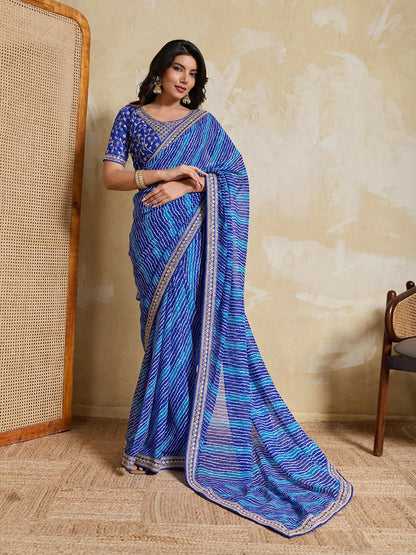 Teeya Creation New Trendy Leheriya Bandhani Georgette Saree For Daily Wear -Blue