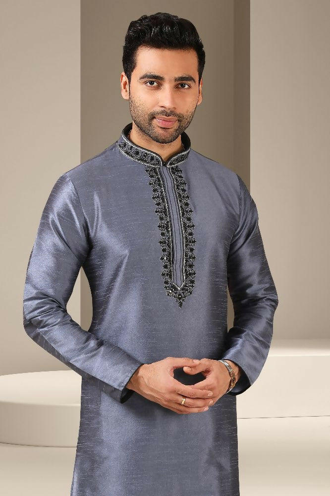 Raivat Ethnic Banarasi Art Silk Mirror Work Kurta Pajama In Dark Grey Colour