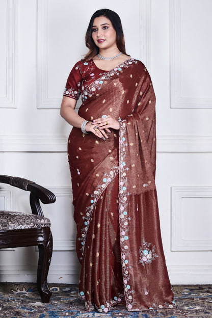 Morchari Brown Pure Chiffon Hand Embroidery Saree And Stitched Blouse
