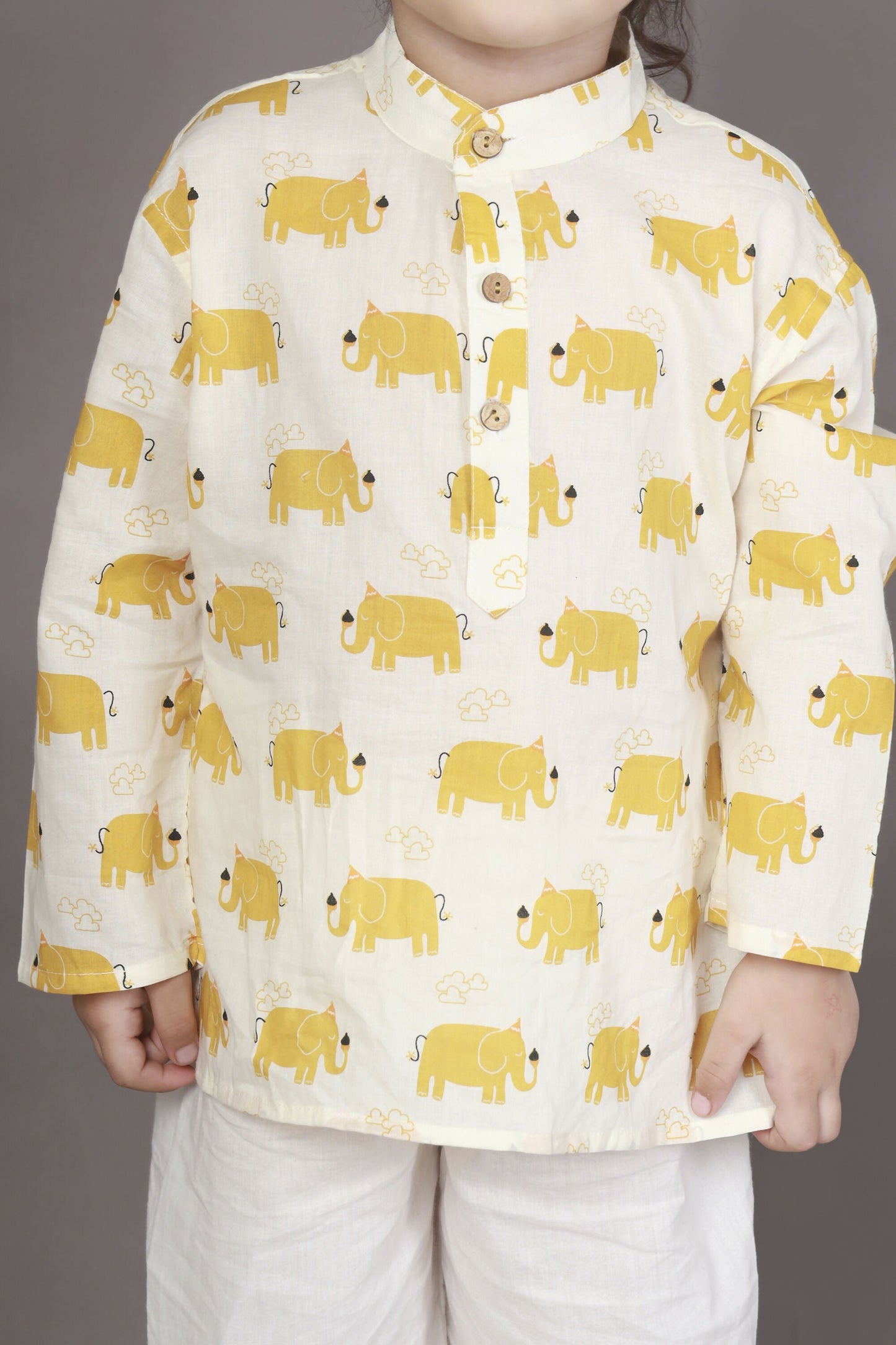 Breathables Kids Cotton Night Suit – Yellow Elephant Print Kurta & Pyjama Co-Ord Set For Boys & Girls