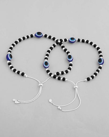 VOJ Set of 2 Silver Plated Evil Eye With Black And Silver Beads Anklet