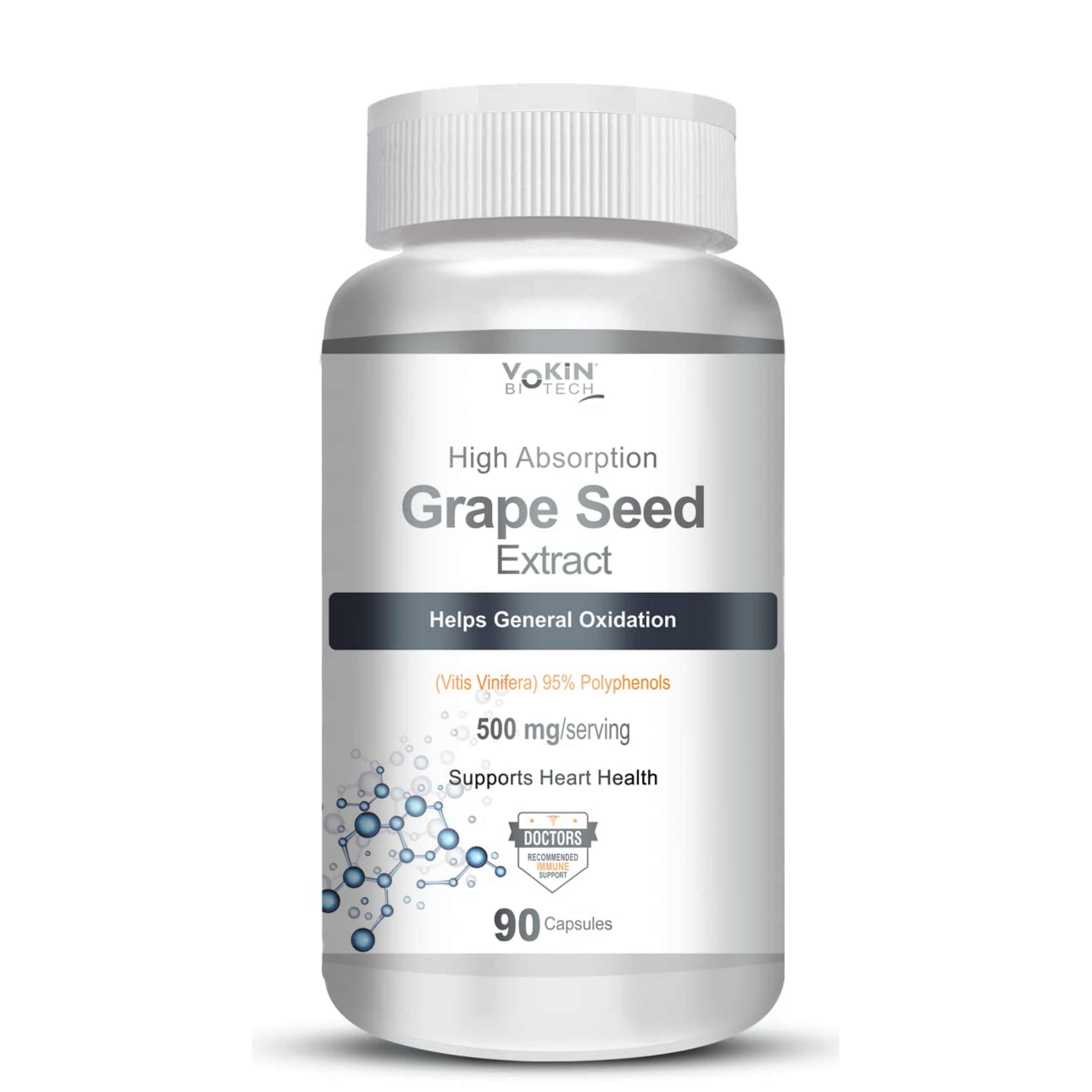Vokin Biotech Grape Seed Extract | 500 mg | 95% Polyphenols | Support Heart Health 90 capsule