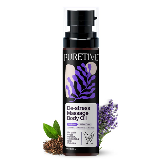 Puretive De Stress Massage Oil | Relieves Physical Tension | Deeply Relaxes | Hydrates | Stress Relief Massage Oil | Also for Couples I Deeply Nourishes & Calms the Body and Mind with a Blend of Pure Essential Oils | 100ML