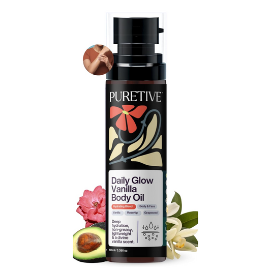 Puretive Daily Glow Body Oil | Fast-Absorbing Non-Sticky Moisturizing Body Oil for Winter Dry Skin | Rosehip, Avocado, Grapeseed | Deep Hydration for Radiant, Soft & Smooth Skin | Warm Coffee Vanilla Aroma (100ml)