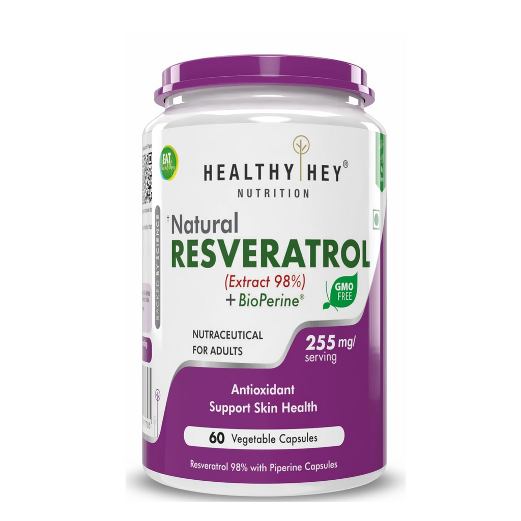 HealthyHey Nutrition Resveratrol Extract 98% Plus BioPerine for Absorption - 255mg - 60 Vegetable Capsules (Pack of 1)