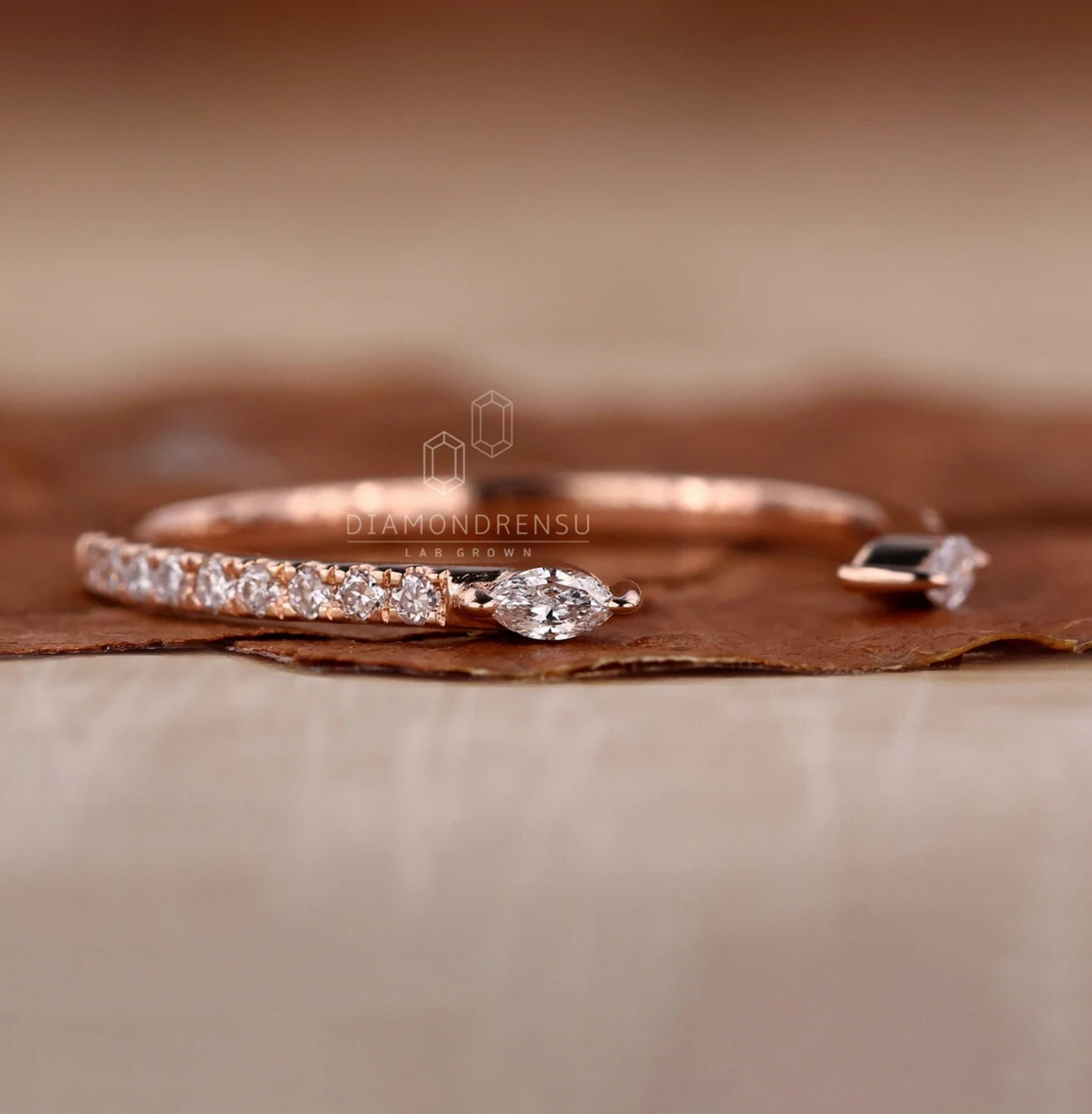 Open Gap Lab Grown Diamond Wedding Band, 0.19 TW Marquise and Round Diamond Band, Stackable Band, Matching Band, Anniversary Gift for Women
