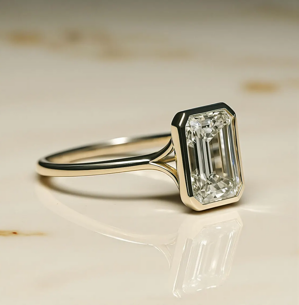 Emerald Cut Moissanite Solitaire Ring,3CT 14K Solid Gold Minimalist Bezel Set Engagement Ring, Modern Classic Wedding Jewelry Gift For Her