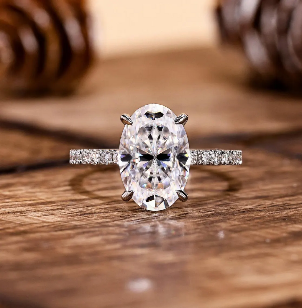 4.0CT Classic Vintage Style Oval Moissanite Ring, Oval Cut Solitaire Diamond Ring, Gorgeous Hidden Halo Anniversary Ring, White Gold Ring