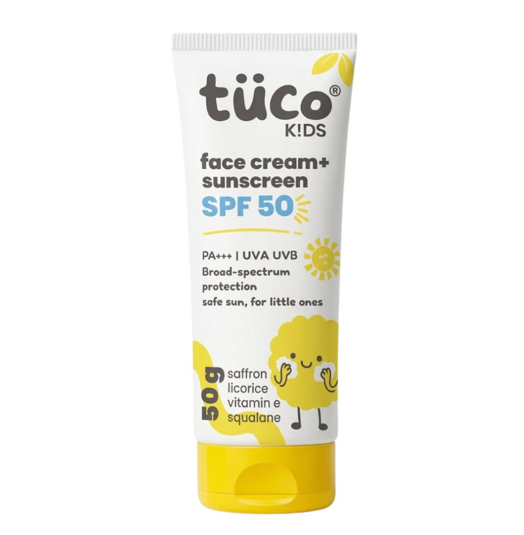 TucoÂ® Kids 2 in 1 Face Cream + Sunscreen SPF 50 with Saffron oil | UVA/UVB PA++++ | Broad Spectrum Protection | Benzophenone- 3 and Avobenzone Free | Ages 2-5, 5-10, 10-15 | 50gm