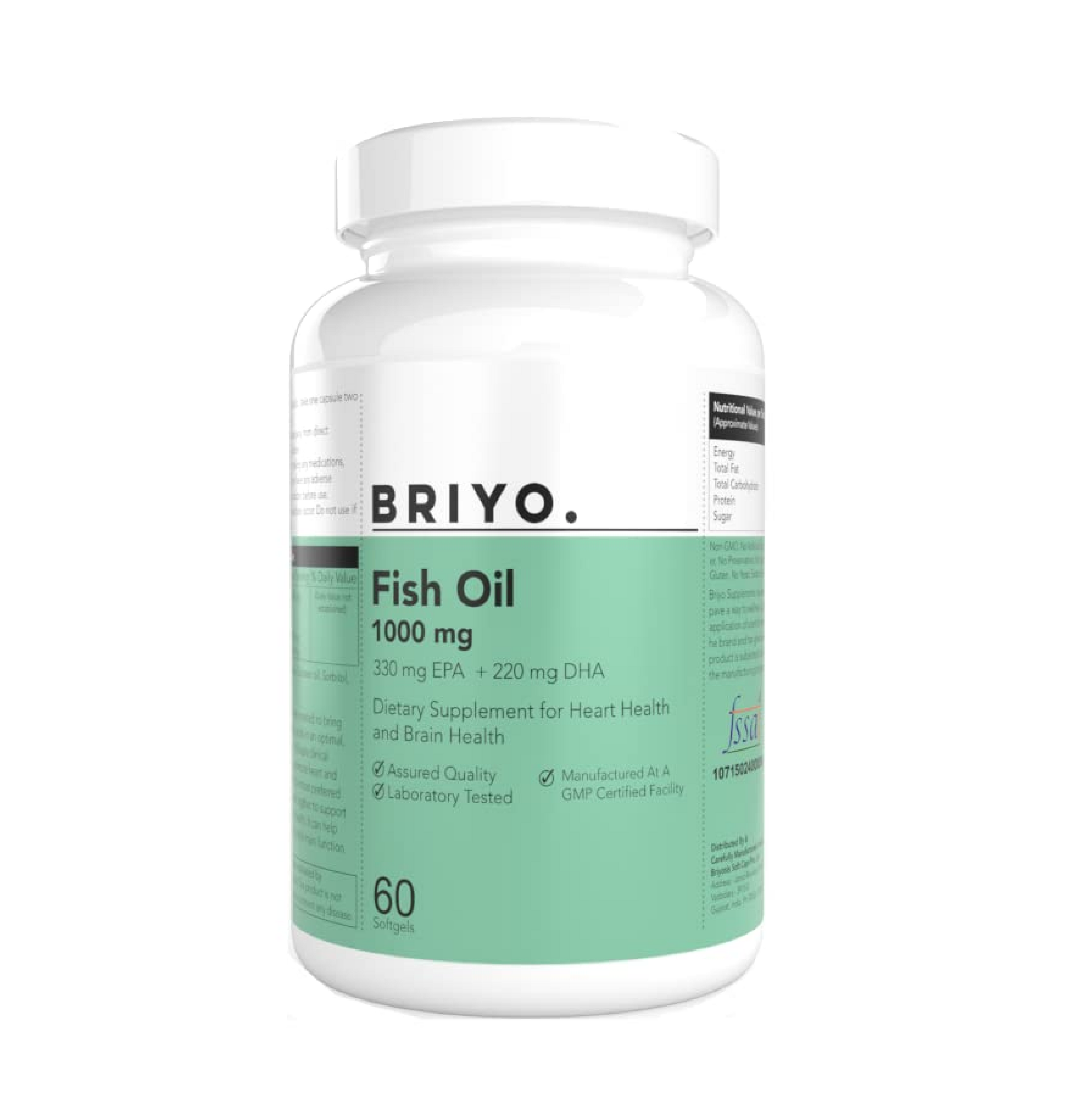 Briyosis Fish Oil 1000 mg (550 mg Omega 3) - 330 mg EPA & 220 mg DHA Per Softgel For Heart and Brain Health