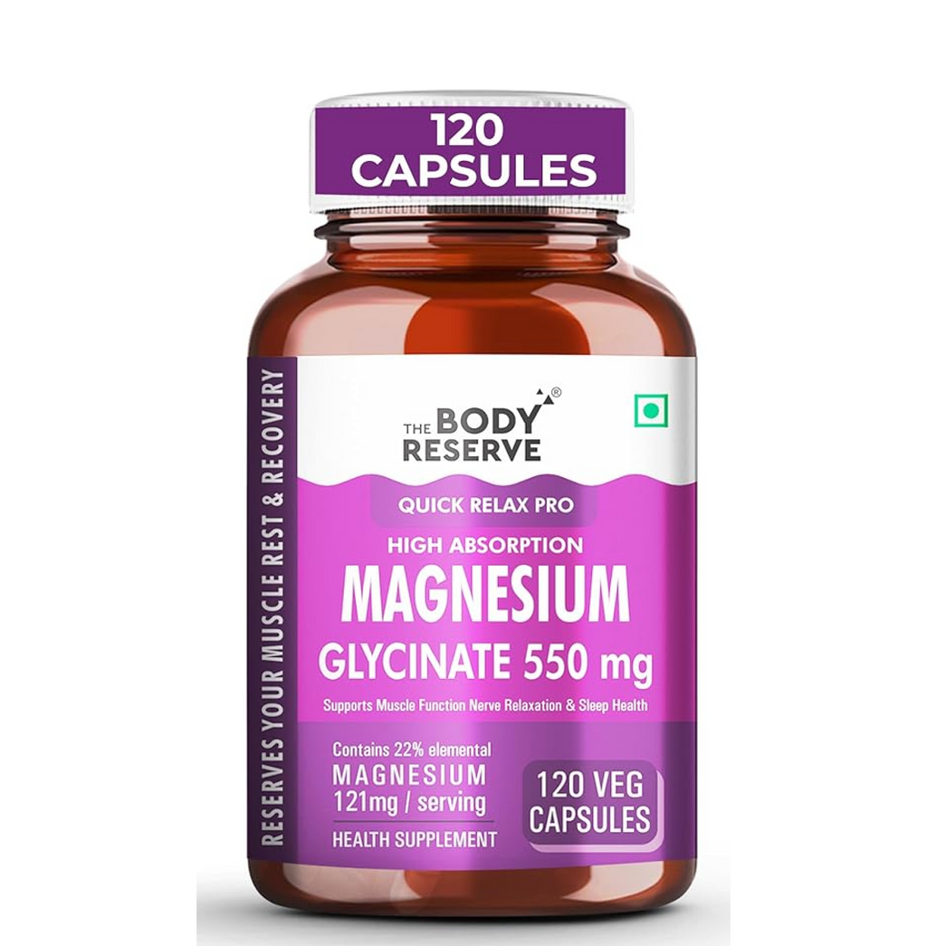 The Body Reserve Magnesium Glycinate Supplement - 120 Vegetable Capsules, 550mg Per Serving, High Absorption Chelated Form - Supports Muscle & Nerve Health, Aids Relaxation for Men & Women