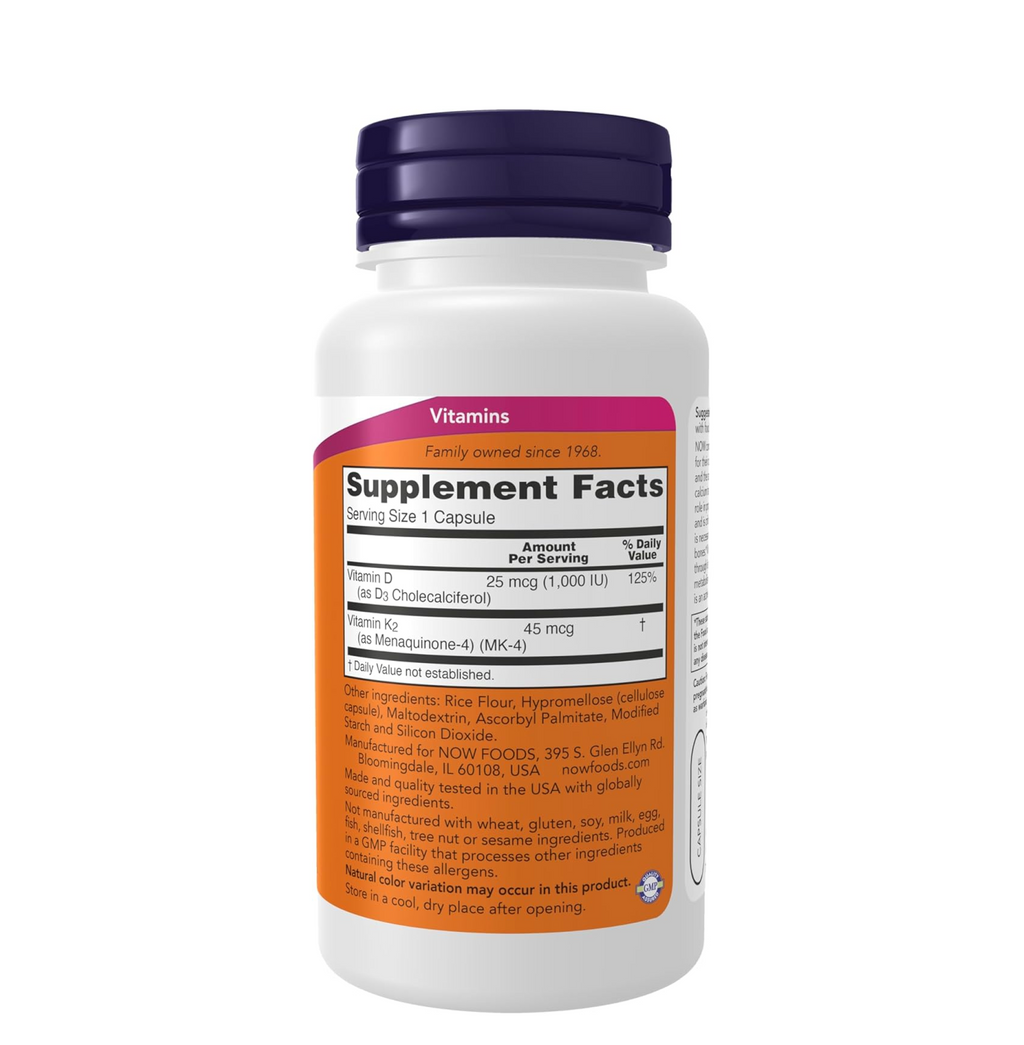 NOW Supplements, Vitamin D-3 & K-2, 1,000 IU/45 mcg,Plus Cardiovascular Support*, Supports Bone Health*, 120 veg Capsules