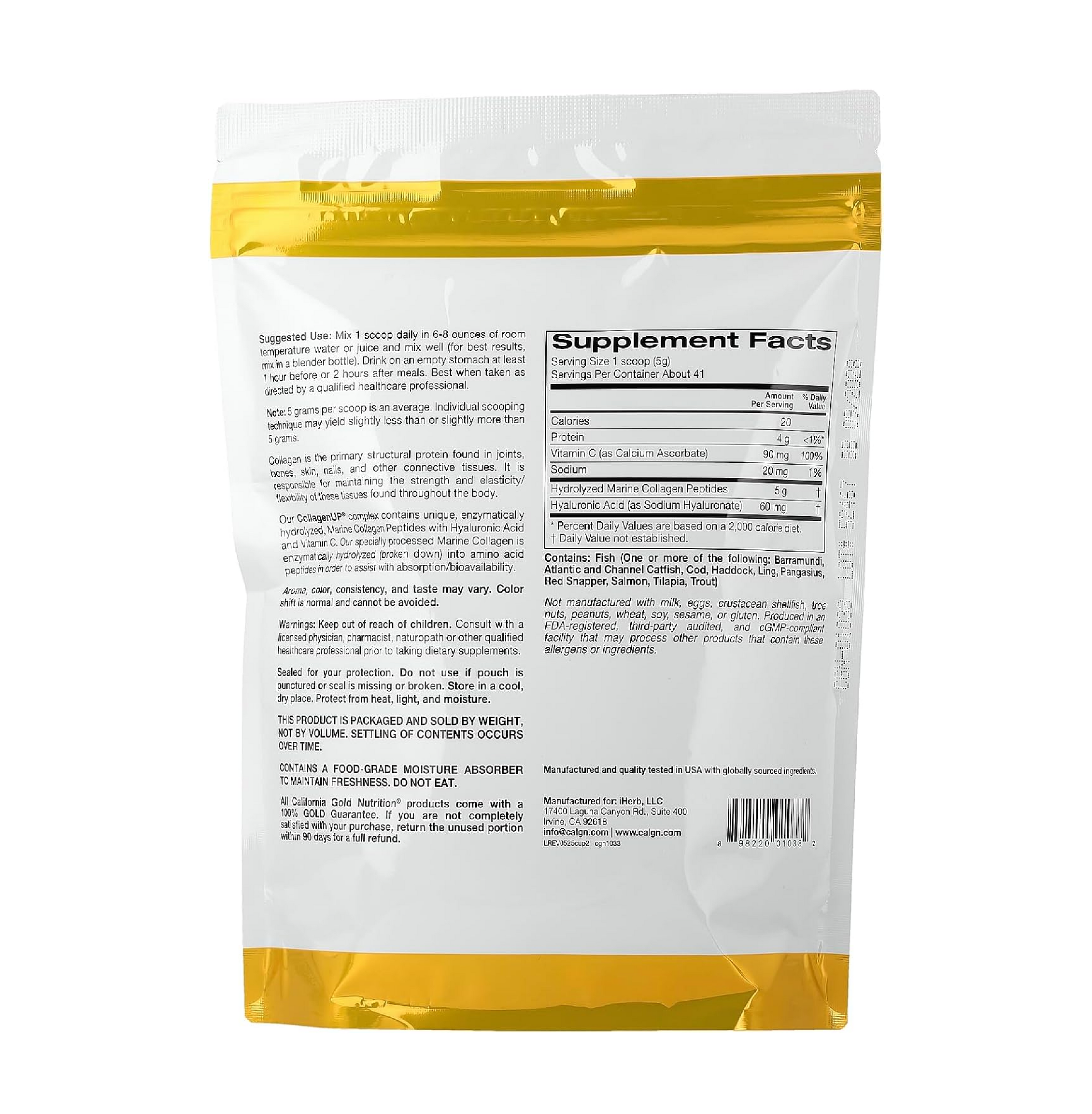 California Gold Nutrition CollagenUPÂ®, Hydrolyzed Marine Collagen Peptides with Hyaluronic Acid and Vitamin C, Unflavored, 7.26 oz (206 g)